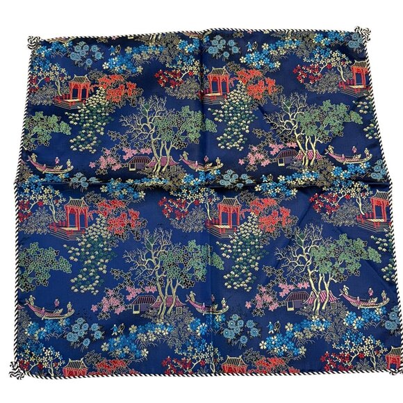 Vintage Asian-Inspired Navy Silk Pillow Cover With Floral & Boating Scene Rope T - Picture 1 of 9